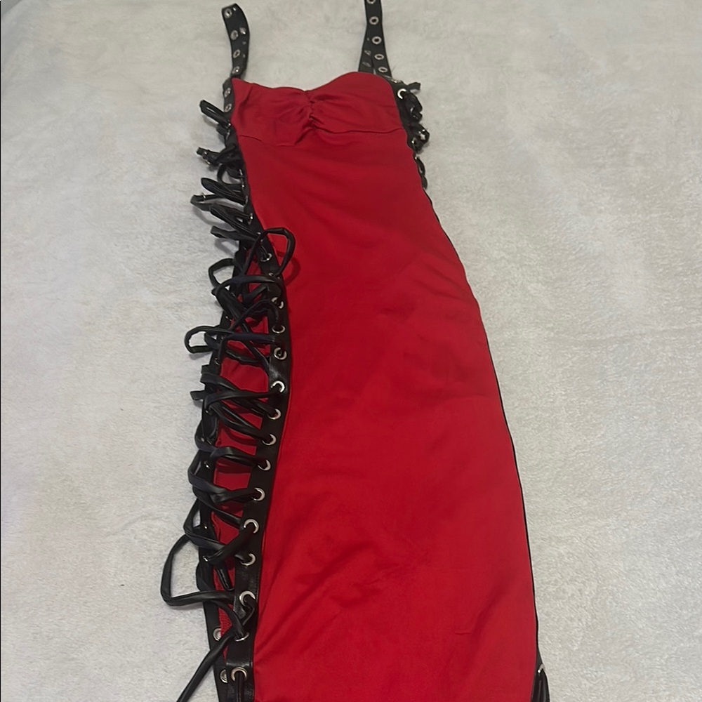 Elegant Red Dress with Black Lace-Up Detail
